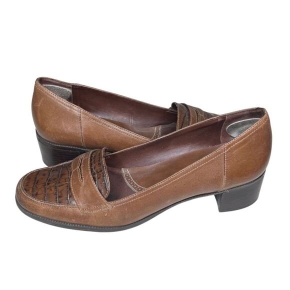 NATURALIZER Leather Penny Loafers Croc Embossed Block Heel Womens Size 11 - Picture 1 of 7